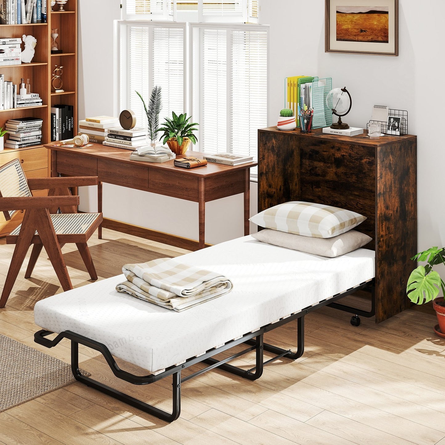 Cot Size Murphy Bed with Foldable Bed and Lockable Wheels-Rustic Brown