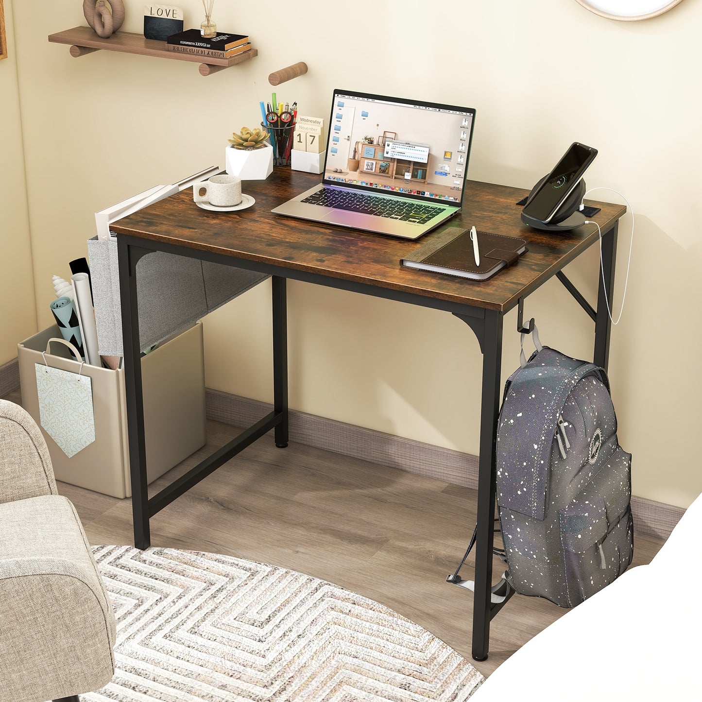 32 Inch Home Office Desk with Charging Station Storage Bag and Headphone Hook-Rustic Brown