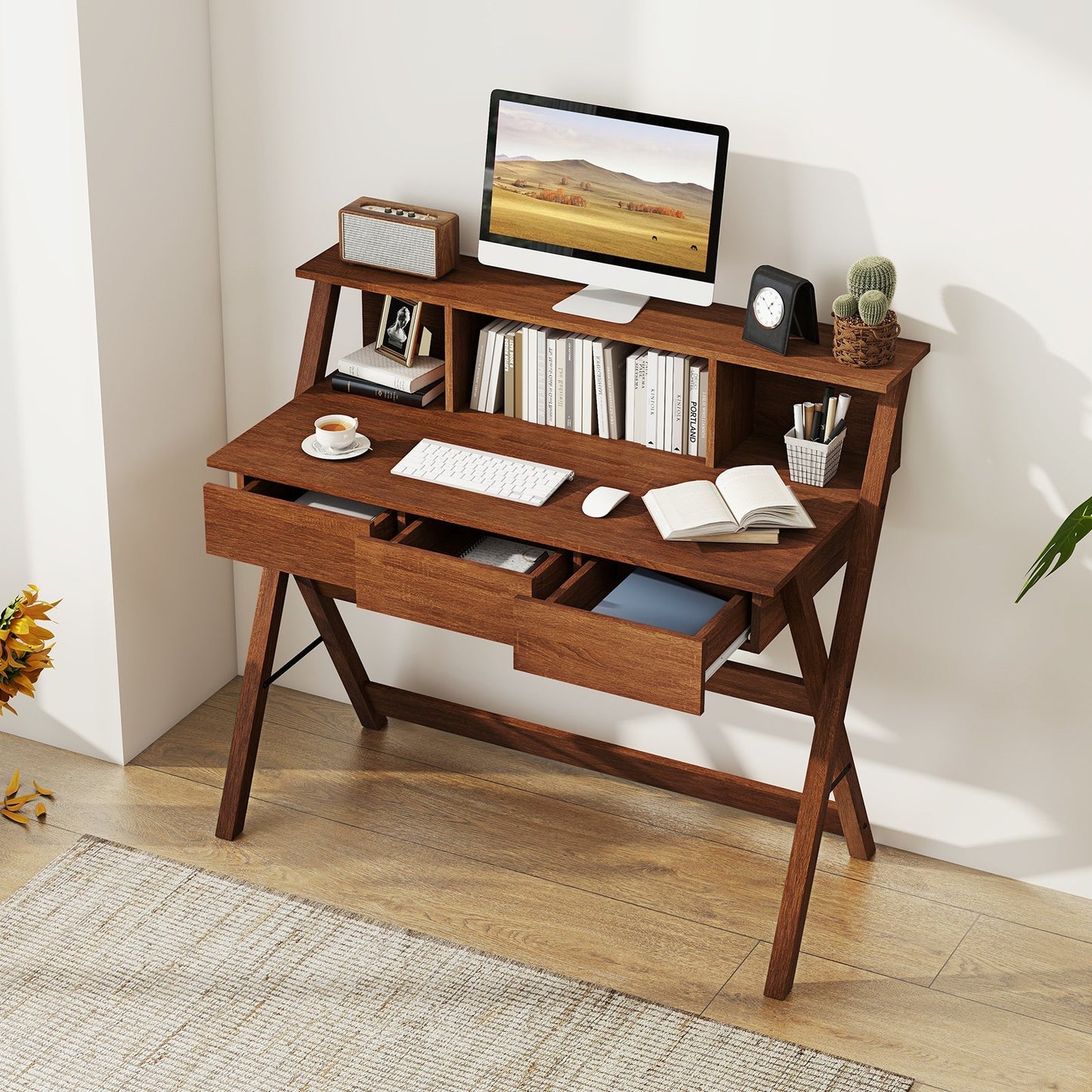 Oak mid-century home office desk with 3 storage drawers and monitor stand, ideal for modern computer workspace.