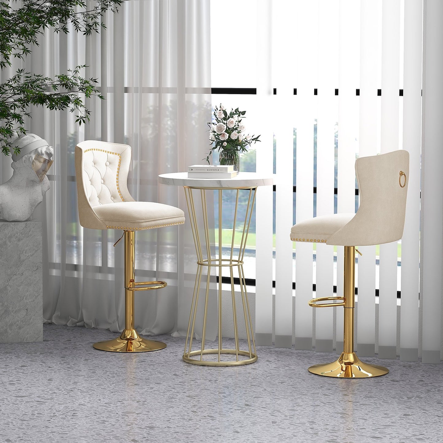 Set of 2 Bar Chairs with Footrest Electroplated Metal Base and Anti-Slip Ring-Beige