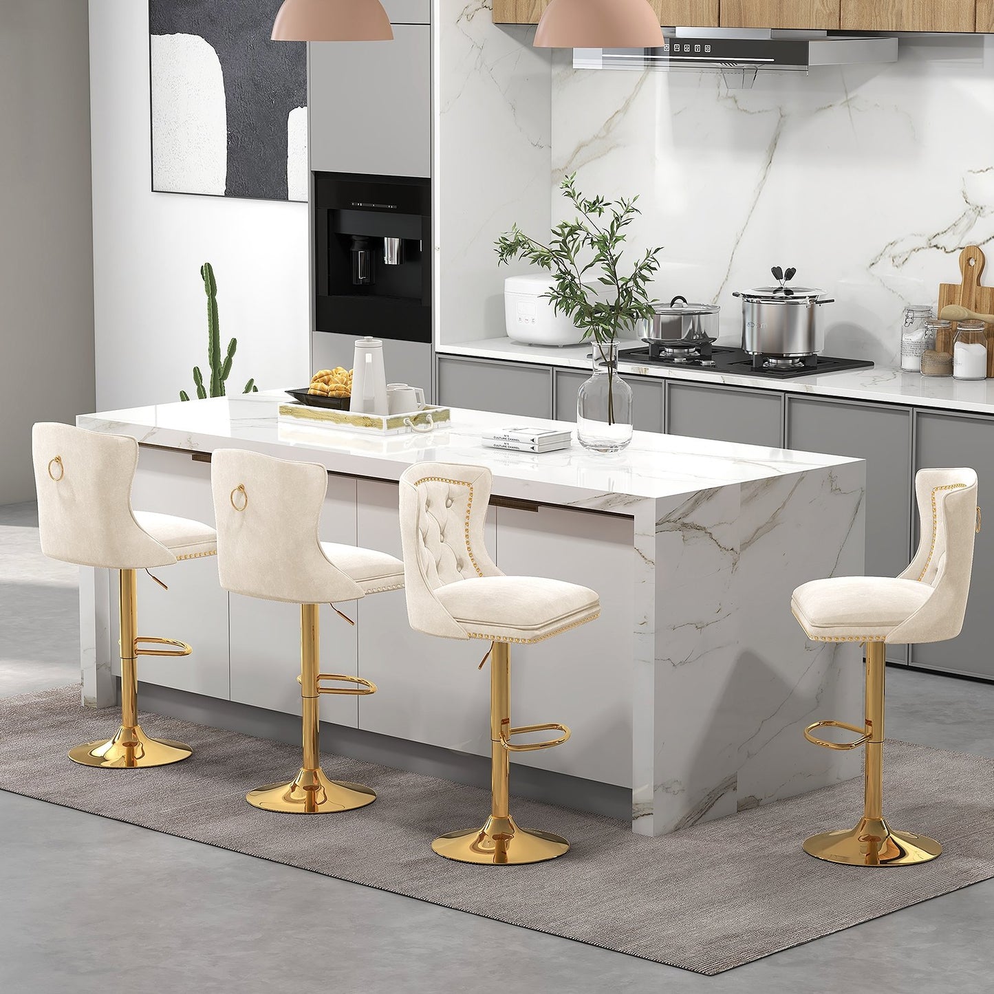 Set of 2 Bar Chairs with Footrest Electroplated Metal Base and Anti-Slip Ring-Beige