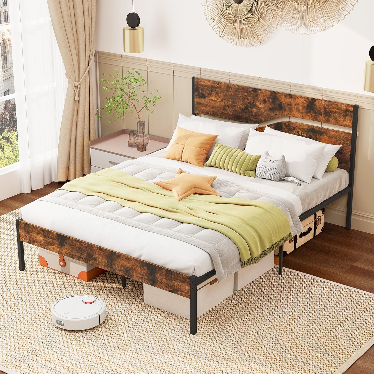 Twin/Full/Queen/King Metal Bed Frame with Wooden Headboard and Footboard-King Size