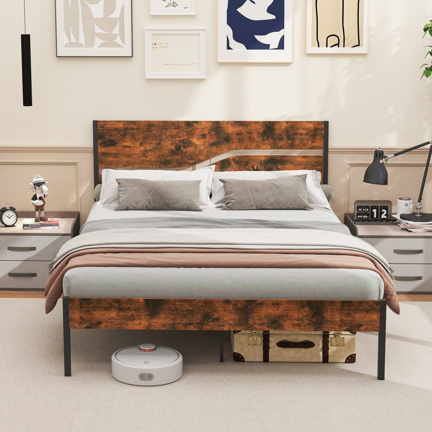 Twin/Full/Queen/King Metal Bed Frame with Wooden Headboard and Footboard-King Size