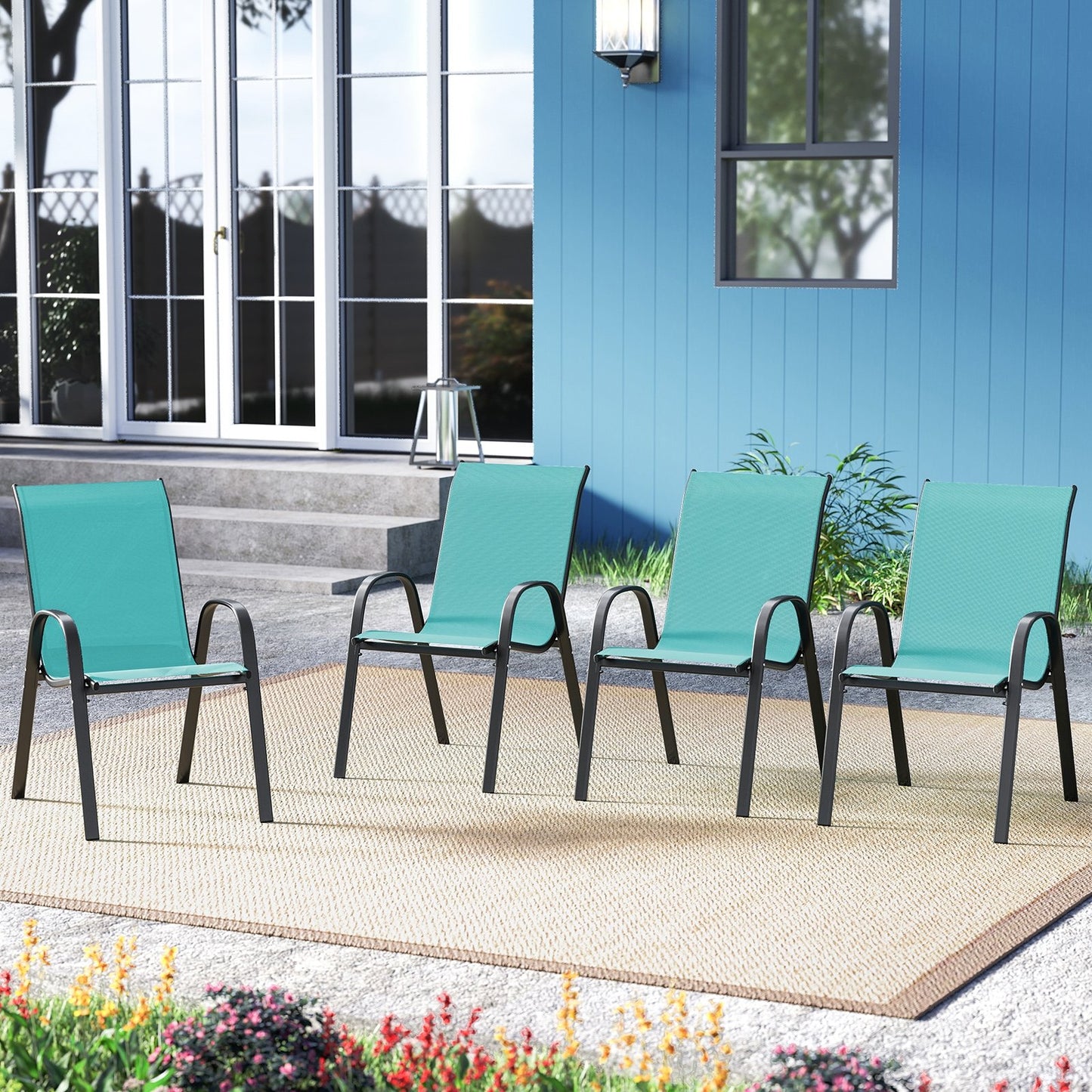 4 Pieces Stackable Patio Dining Chairs Set with Armrest-Black