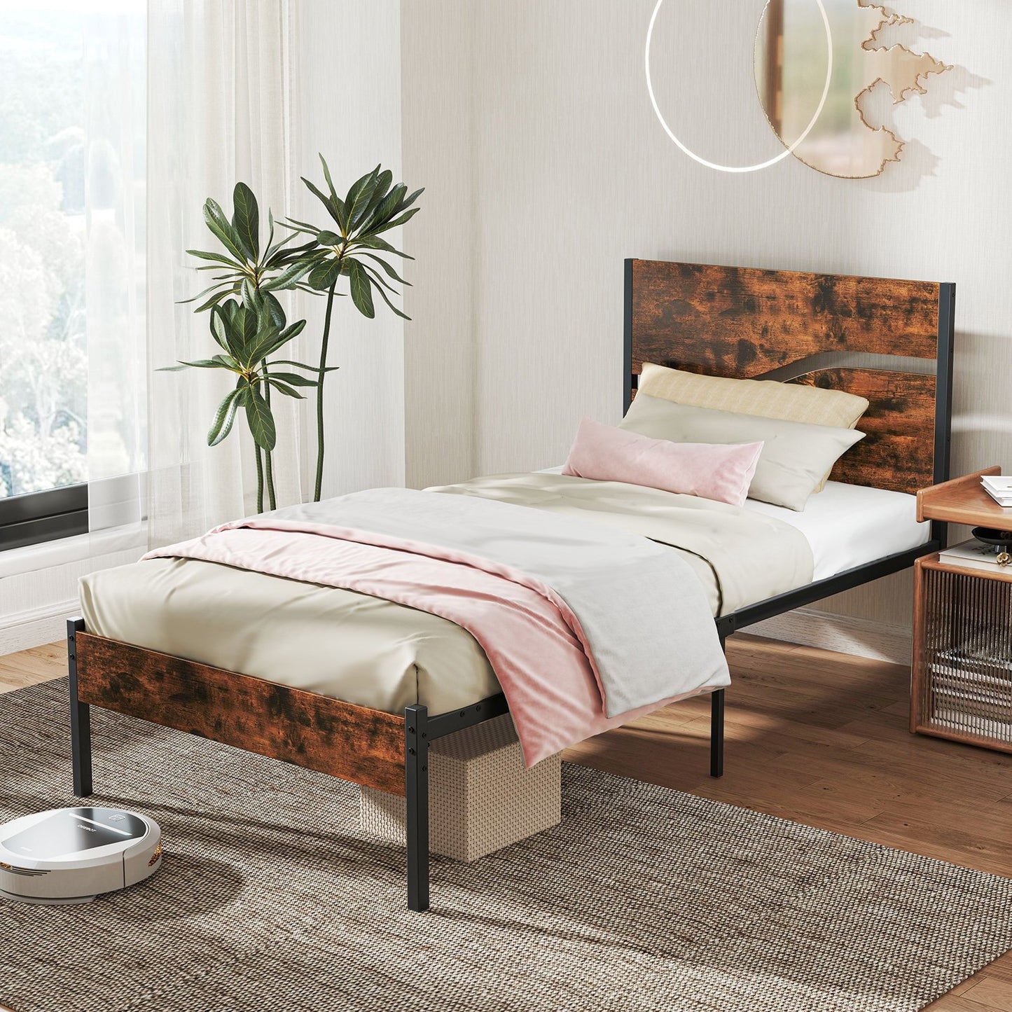 Twin/Full/Queen/King Metal Bed Frame with Wooden Headboard and Footboard-King Size