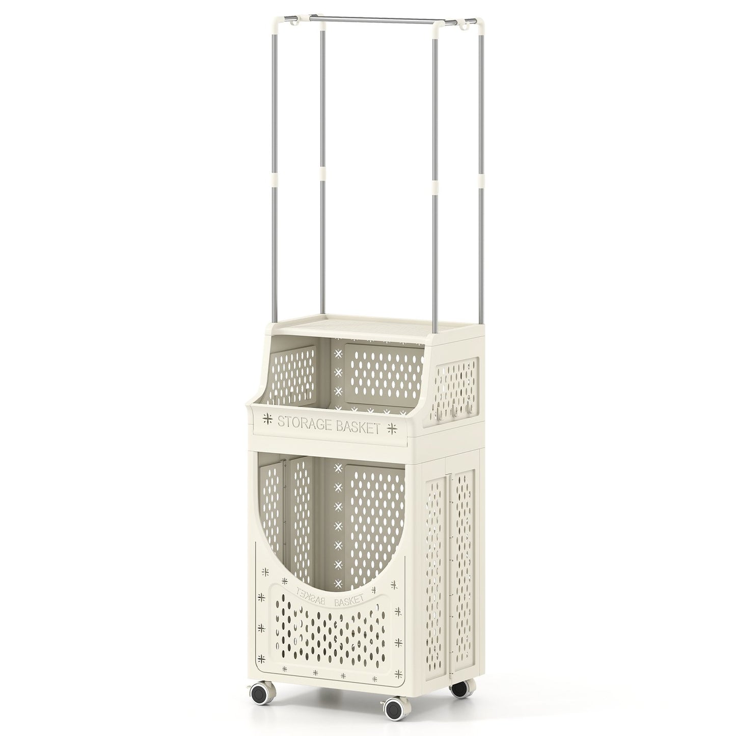 4-Tier Laundry Cart Folding Hamper with Hanging Bar and 8 Hanging Hooks