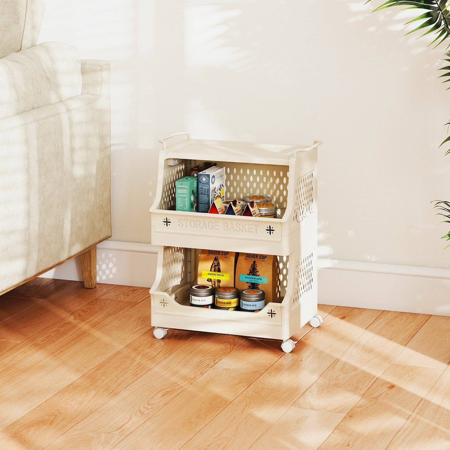 4-Tier Rolling Laundry Basket with Wheels Plastic Storage Cart with Side Hooks