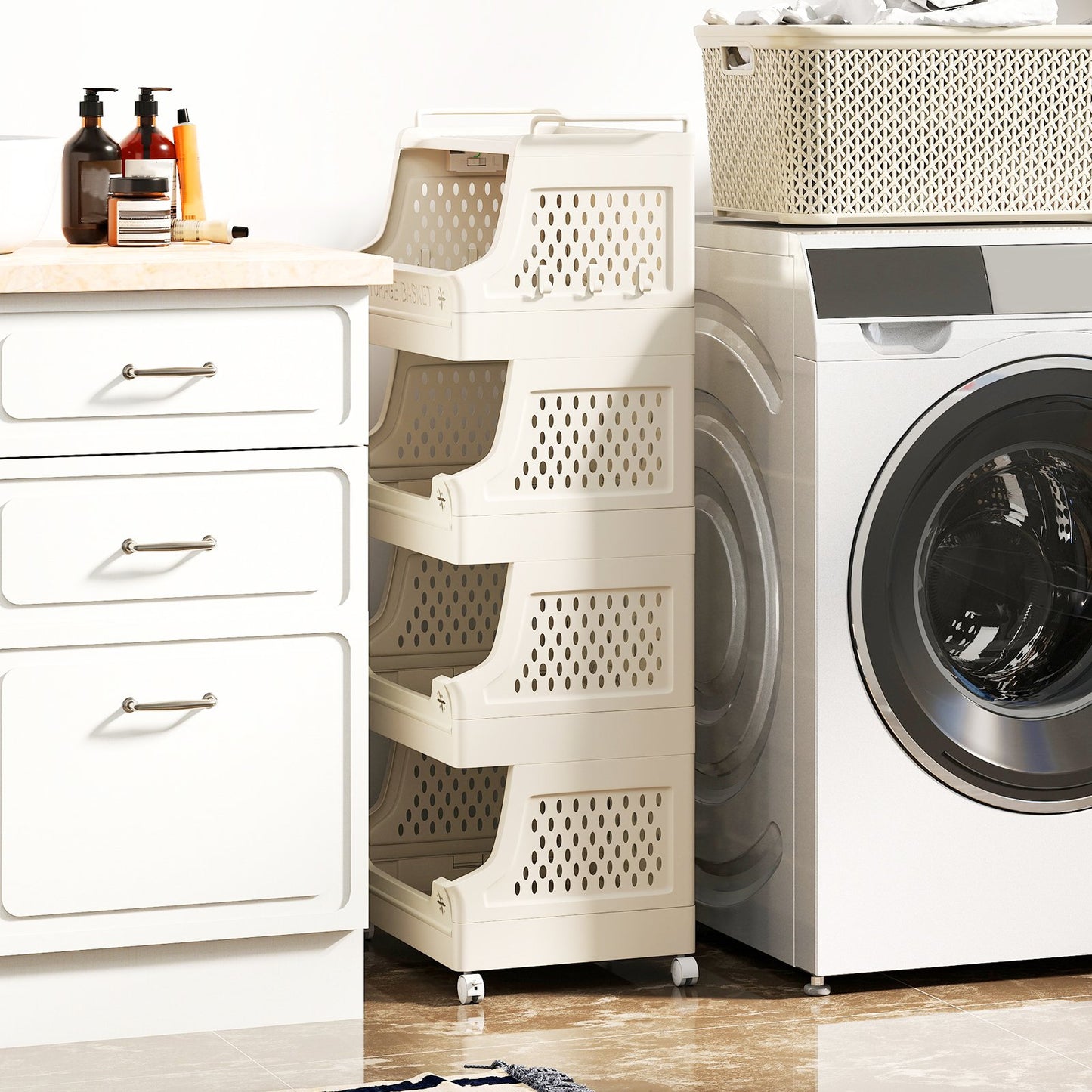 4-Tier Rolling Laundry Basket with Wheels Plastic Storage Cart with Side Hooks