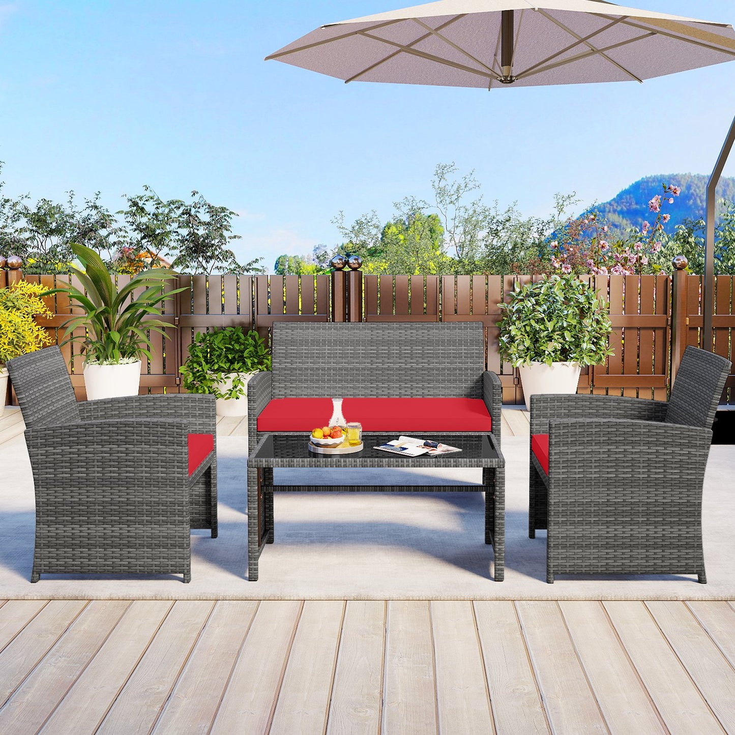 4 Piece Patio Conversation Set Rattan Chair Loveseat and Table Set-Black