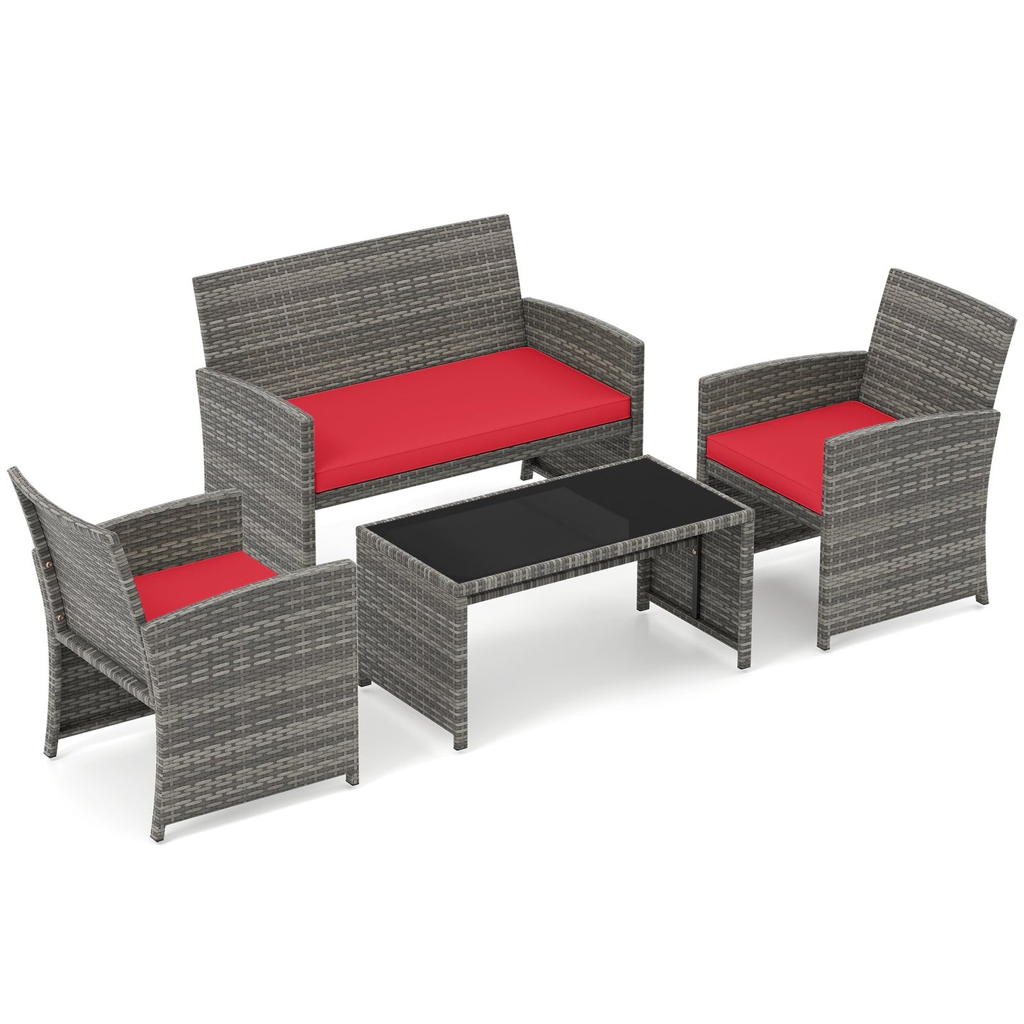 4 Piece Patio Conversation Set Rattan Chair Loveseat and Table Set-Black