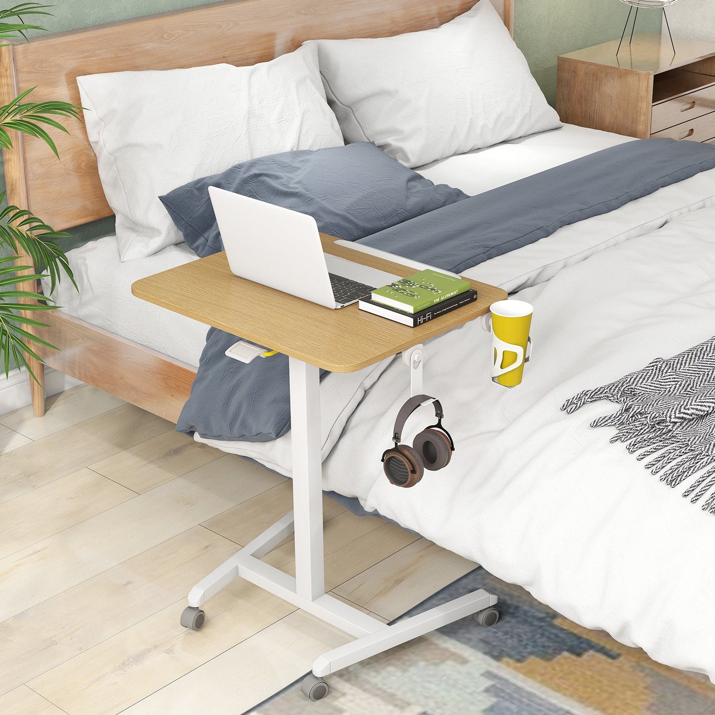 Foldable Mobile Standing Desk Rolling Laptop Desk with 90° Tiltable Tabletop-Natural