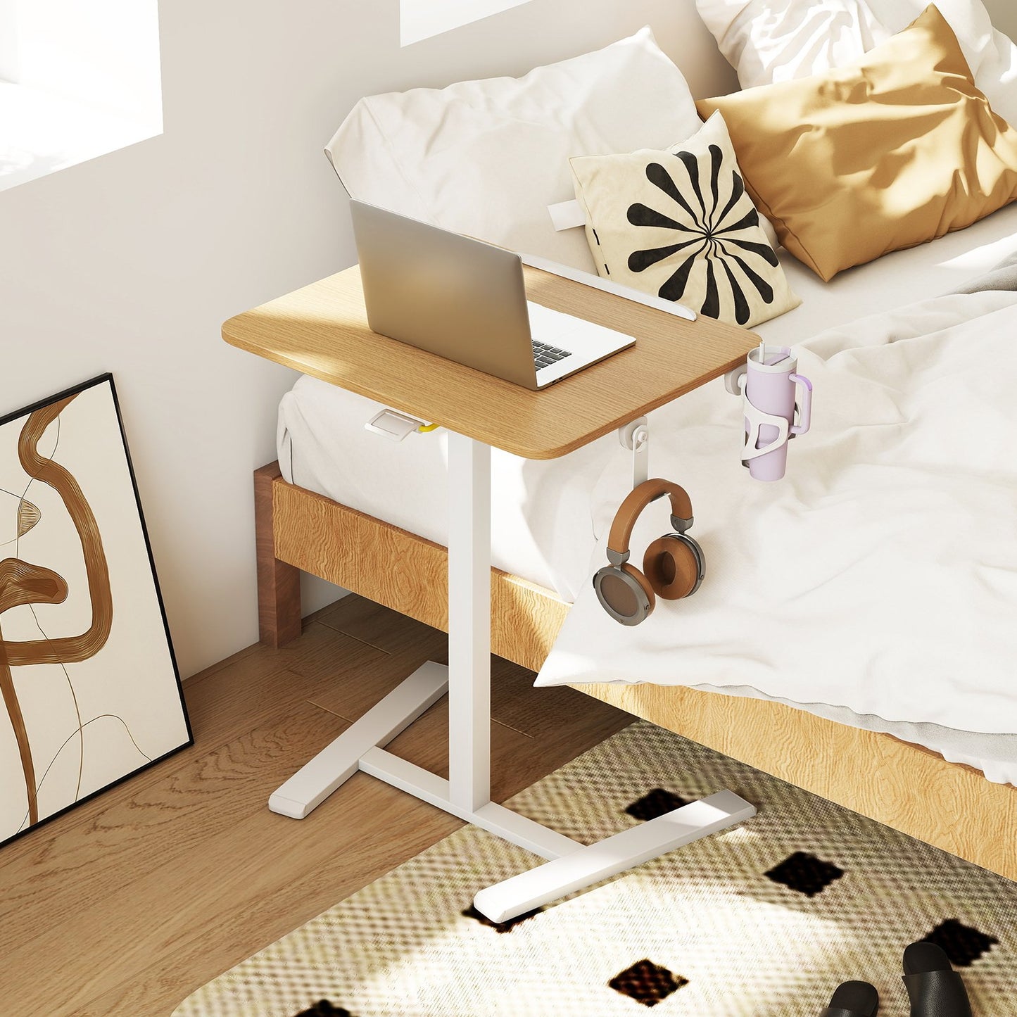 Foldable Mobile Standing Desk Rolling Laptop Desk with Hook and Cup Holder-Natural