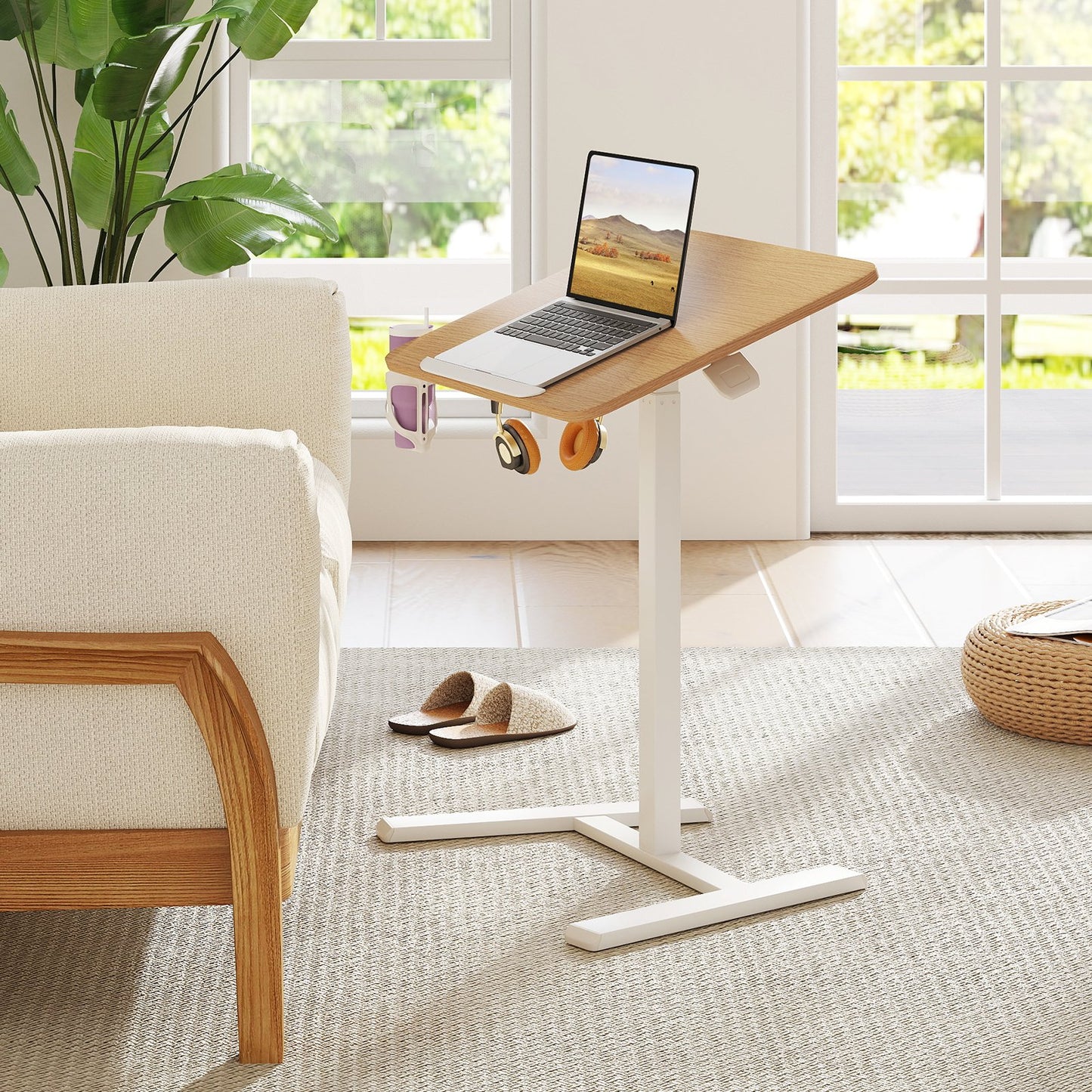Foldable Mobile Standing Desk Rolling Laptop Desk with Hook and Cup Holder-Natural
