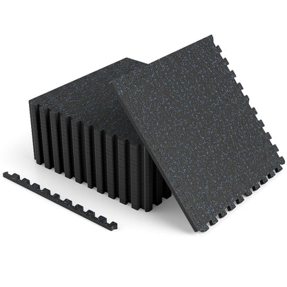 Black 0.55 inch thick rubber top exercise mat with foam floor tiles and borders, ideal for home workout and gym flooring.