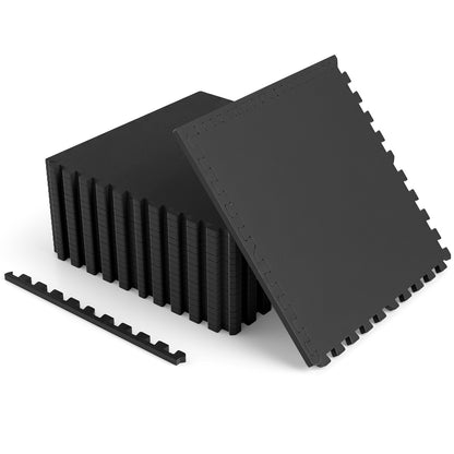 Black 0.55 inch thick rubber top exercise mat with borders, designed for foam floor tiles in home gym or decor spaces.