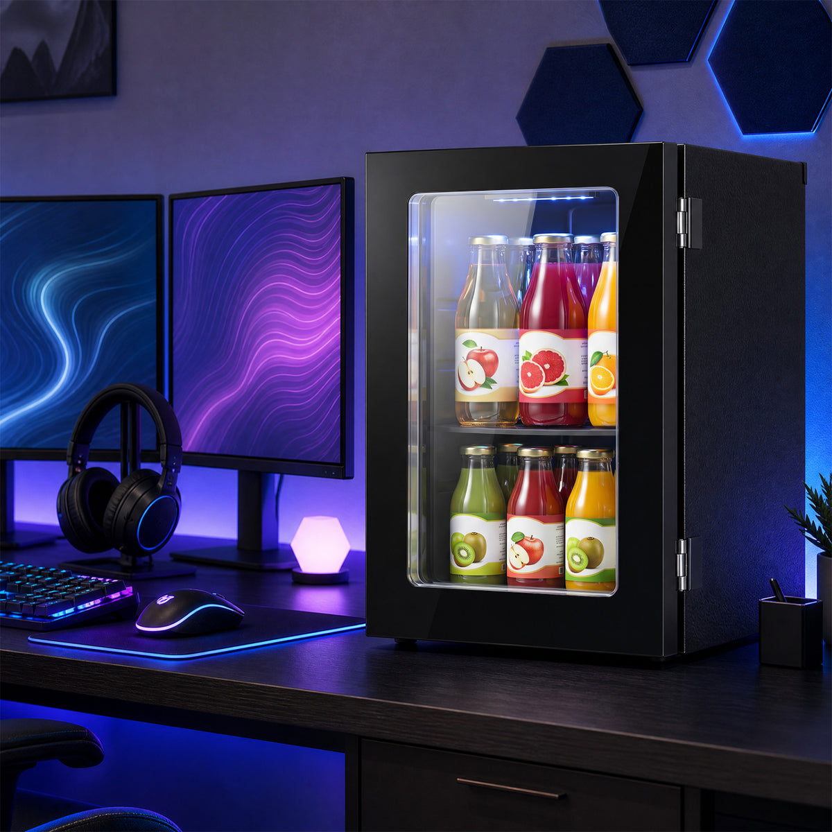 Black 0.6 cu.ft beverage refrigerator by Wilsons Home Store, countertop mini fridge for 24 cans, compact kitchen appliance.