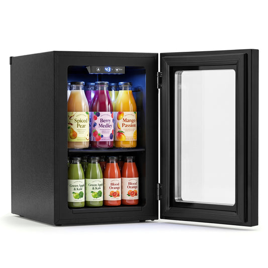 Black 0.6 cu ft beverage refrigerator by Wilsons Home Store, compact countertop mini fridge for 24 cans, ideal for kitchen use.