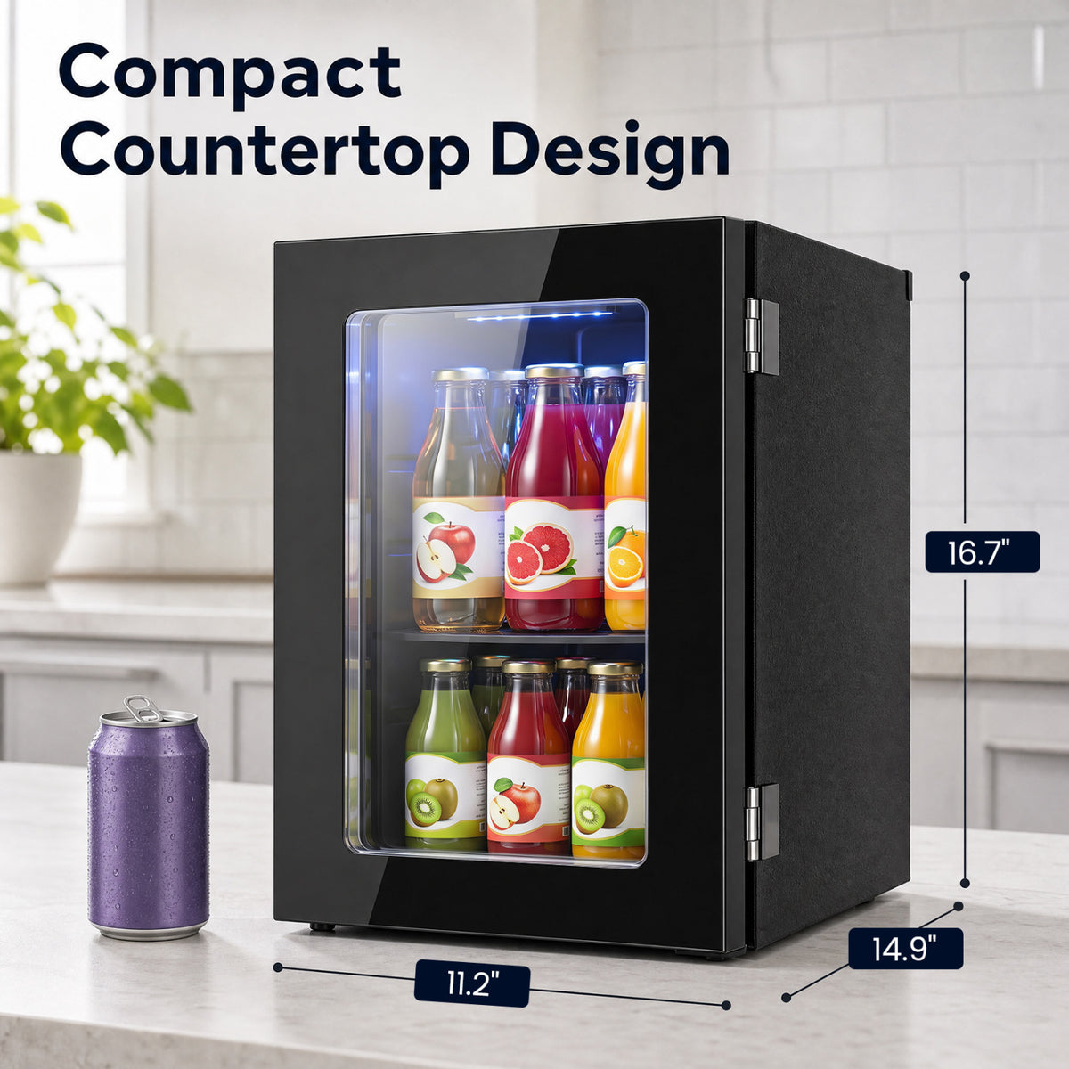 Black 0.6 cu ft beverage refrigerator by Wilsons Home Store with space for 24 cans, countertop mini fridge appliance.