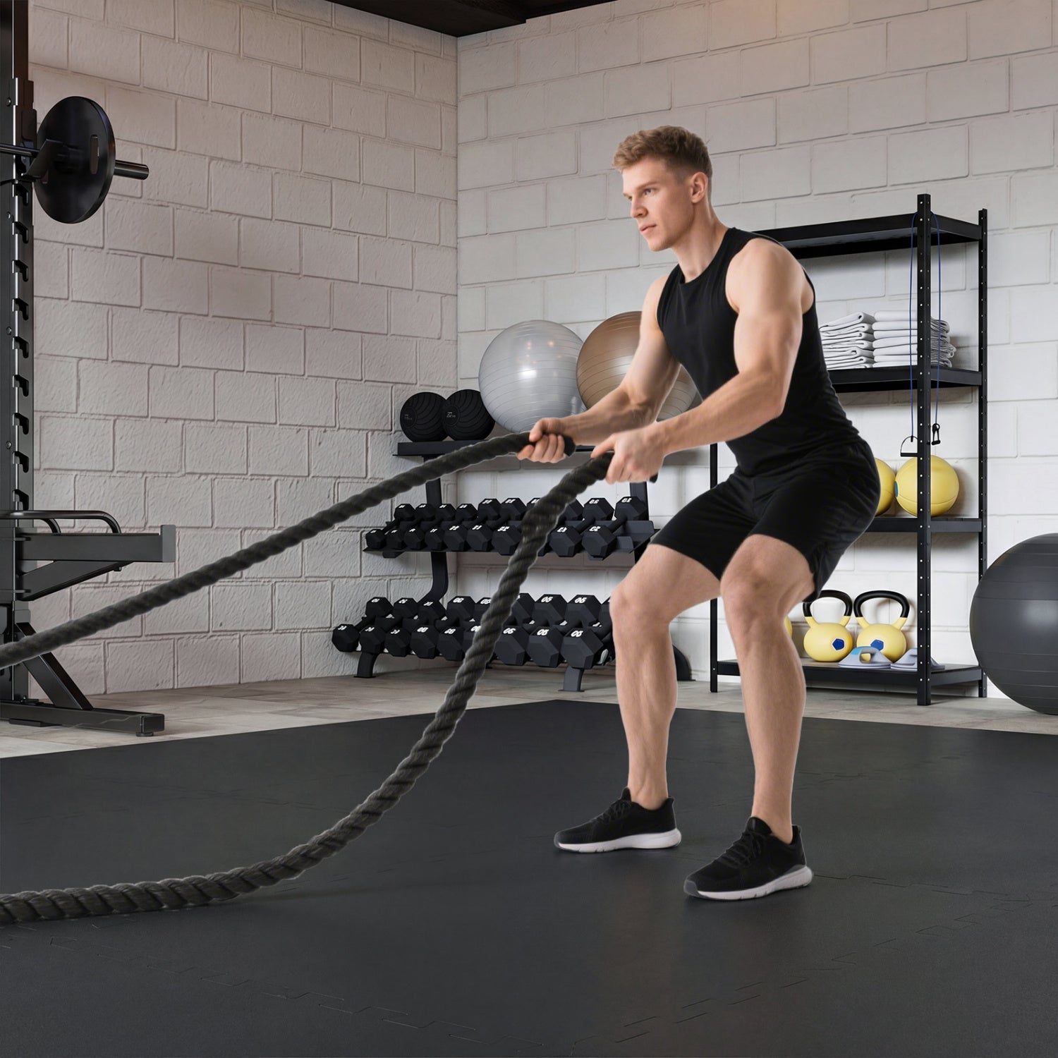 Set of 2 0.79-inch thick black rubber exercise mats with borders, ideal for flooring, from Wilsons Home Store.