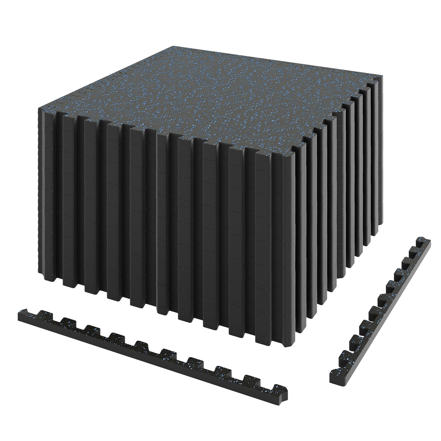 Set of 2 black thick rubber exercise mats, 0.79 inch thick, 48 sq ft with borders, ideal for flooring or decorative fencing.