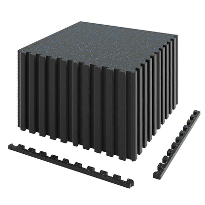 Set of 2 black thick rubber exercise mats, 0.79 inch thick, 48 sq ft with borders, ideal for flooring or decorative fencing.