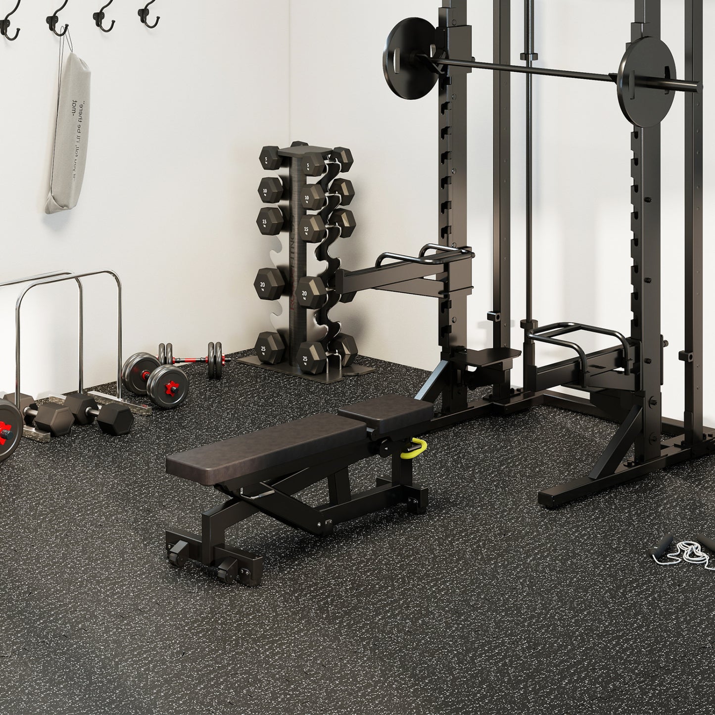 Black 0.79-inch thick rubber top exercise mat with borders, 48 sq ft, ideal for flooring or fitness spaces.