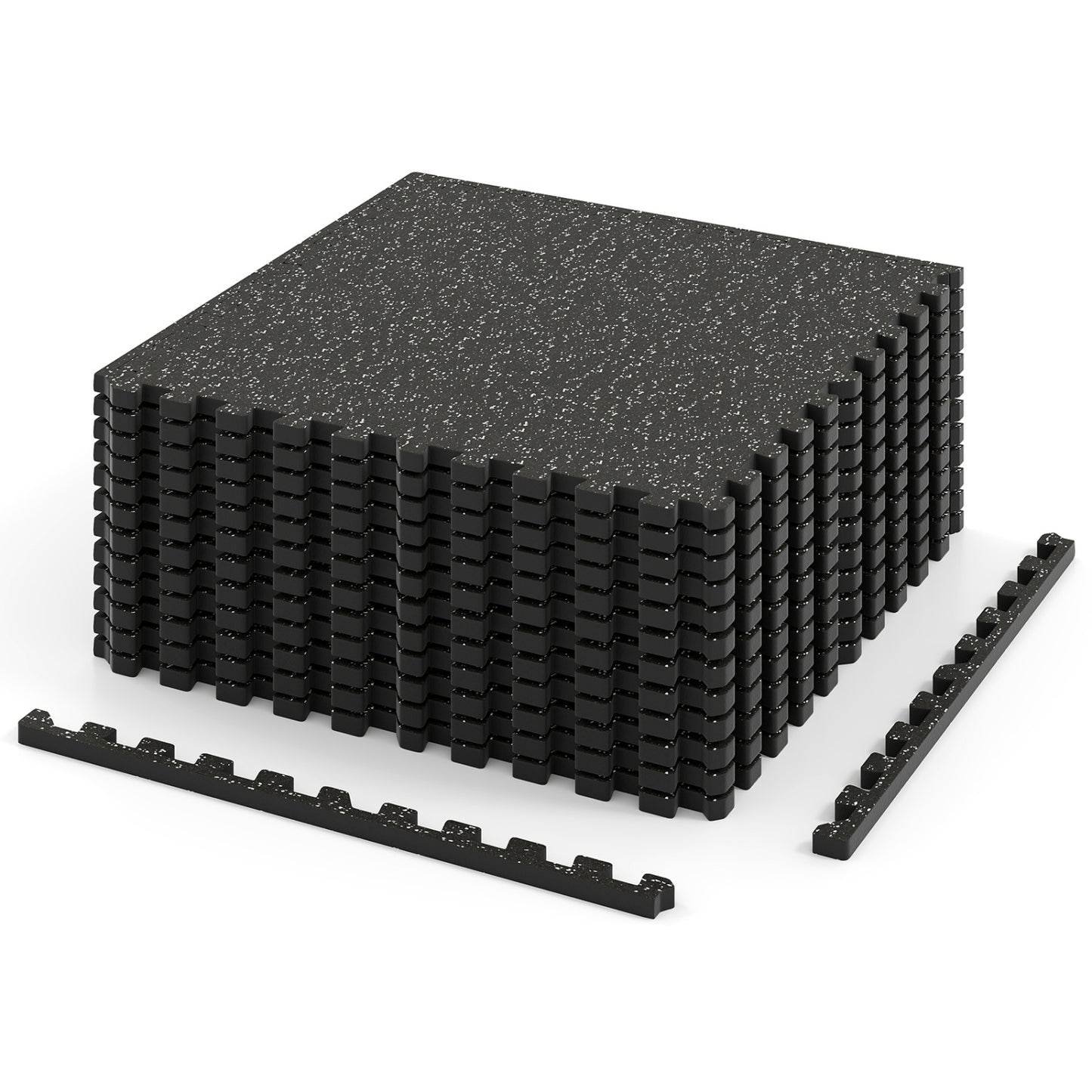 Black 0.79-inch thick rubber top exercise mat with borders, ideal for flooring or decorative fencing, 48 sq ft in size.