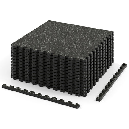 Black 0.79-inch thick rubber top exercise mat with borders, ideal for flooring or decorative fencing, 48 sq ft in size.