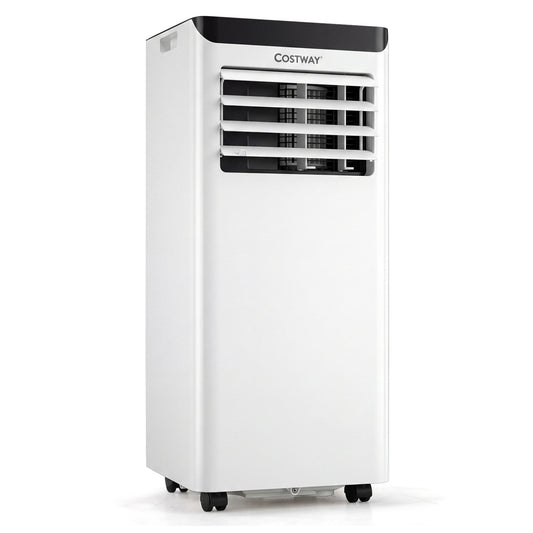 Black 10000 BTU portable air conditioner with dehumidifier and 24-hour timer from Wilsons Home Store, ideal for cooling rooms.