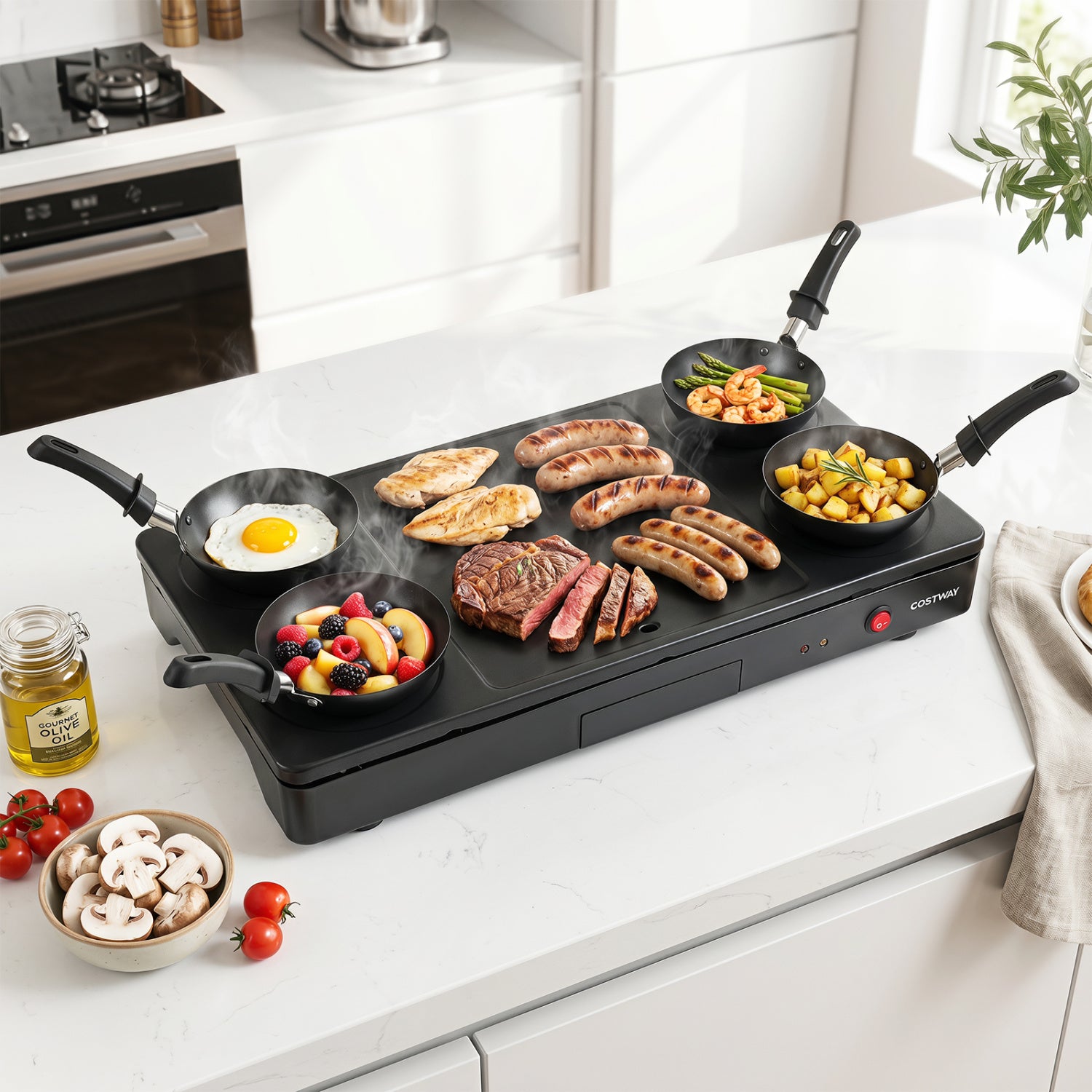 Electric grill and griddle with 4 nonstick woks and wooden spatulas, ideal for pancakes and versatile cooking.