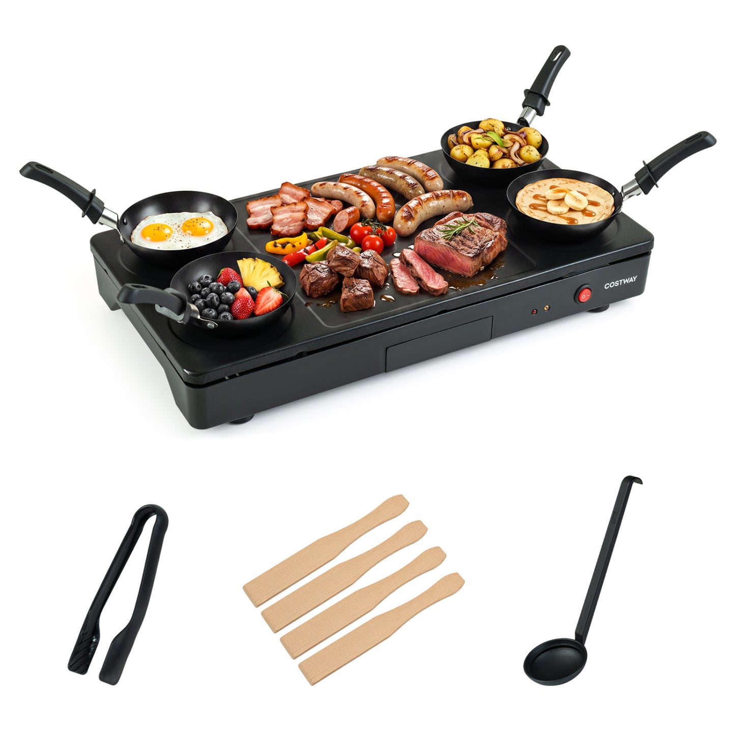 Electric 1000W grill with four nonstick woks and wooden spatulas, ideal for pancakes and versatile kitchen cookware.