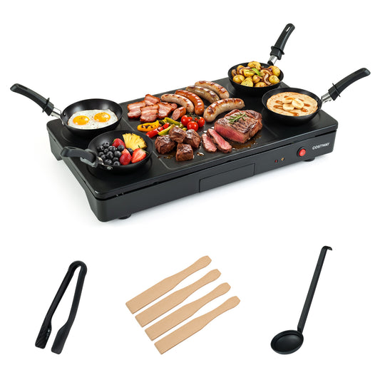 Electric 1000W grill with four nonstick woks and wooden spatulas, ideal for pancakes and versatile kitchen cookware.