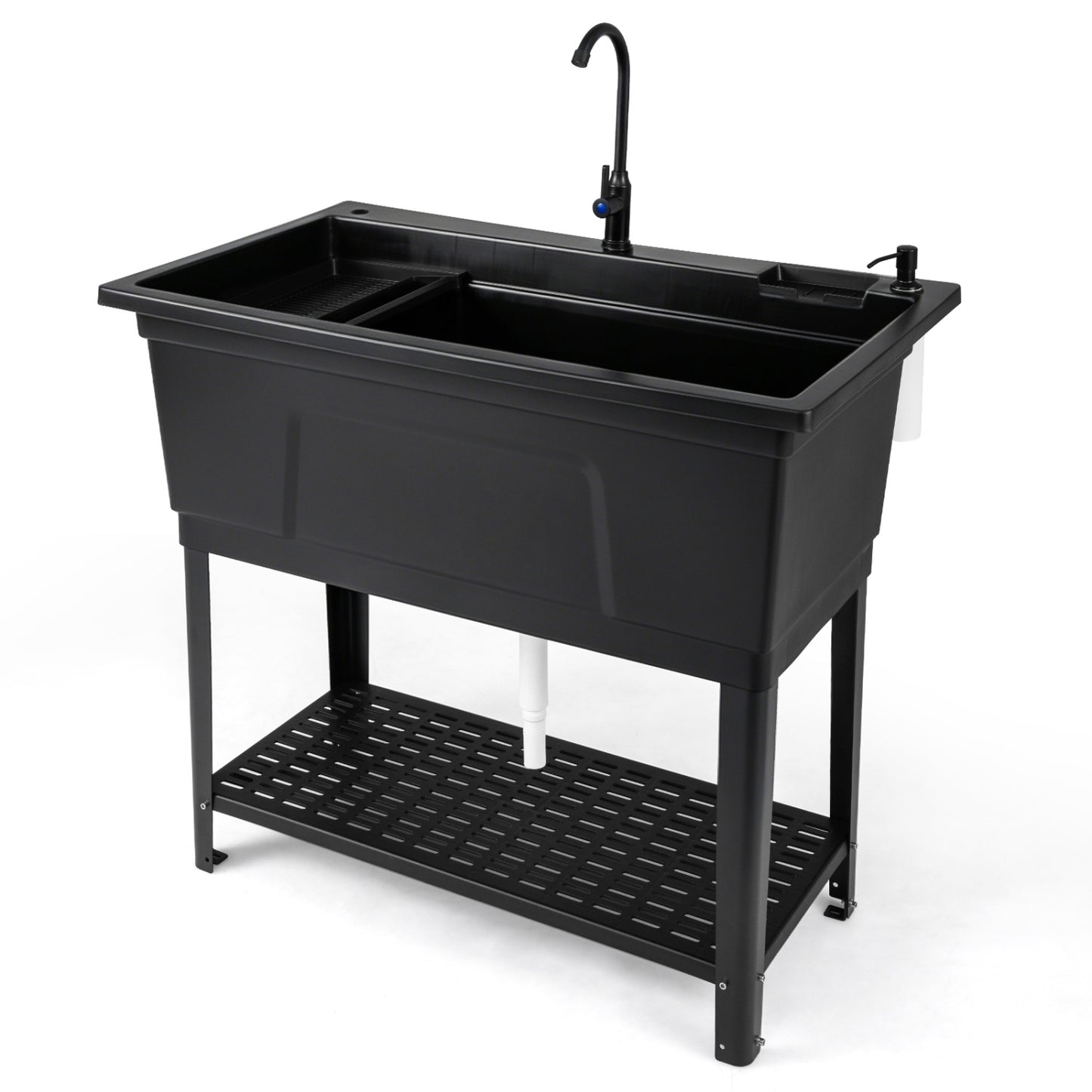 Black 100L utility sink laundry tub with rotating faucet and storage shelf, ideal for outdoor garage use.