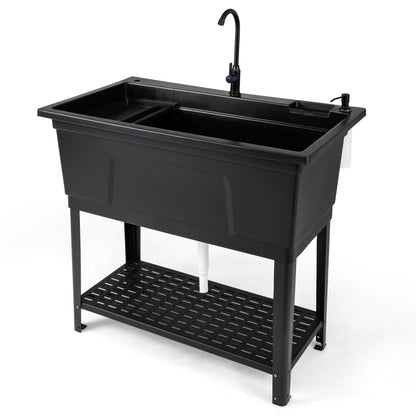 Black 100L utility sink laundry tub with rotating faucet and storage shelf, ideal for outdoor garage use.