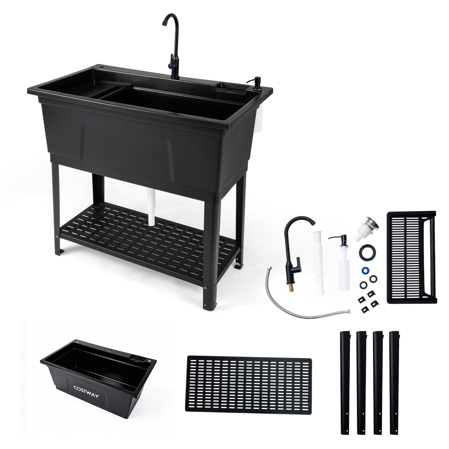 Black 100L utility sink laundry tub with rotating faucet and storage shelf, ideal for outdoor garage use.