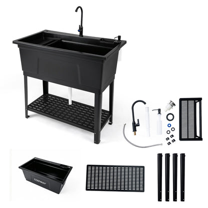 Black 100L utility sink laundry tub with rotating faucet and storage shelf, ideal for outdoor garage use.