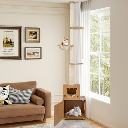 101 Inch Floor to Ceiling Cat Tree Height Adjustable with Litter Box Enclosure-Brown