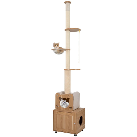 Brown 101-inch adjustable floor-to-ceiling cat tree with litter box enclosure, featuring multiple platforms and scratching posts.