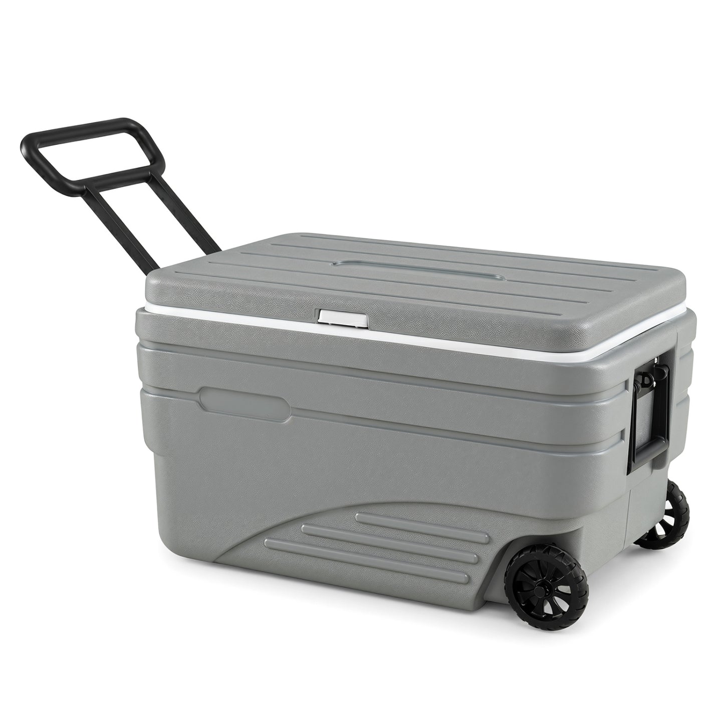 Gray 103-quart outdoor portable wheeled ice cooler with foldable pull handles, ideal for camping and outdoor activities.