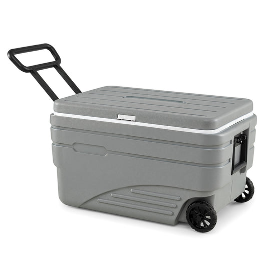 Gray 103-quart outdoor portable wheeled ice cooler with foldable pull handles, ideal for camping and outdoor activities.