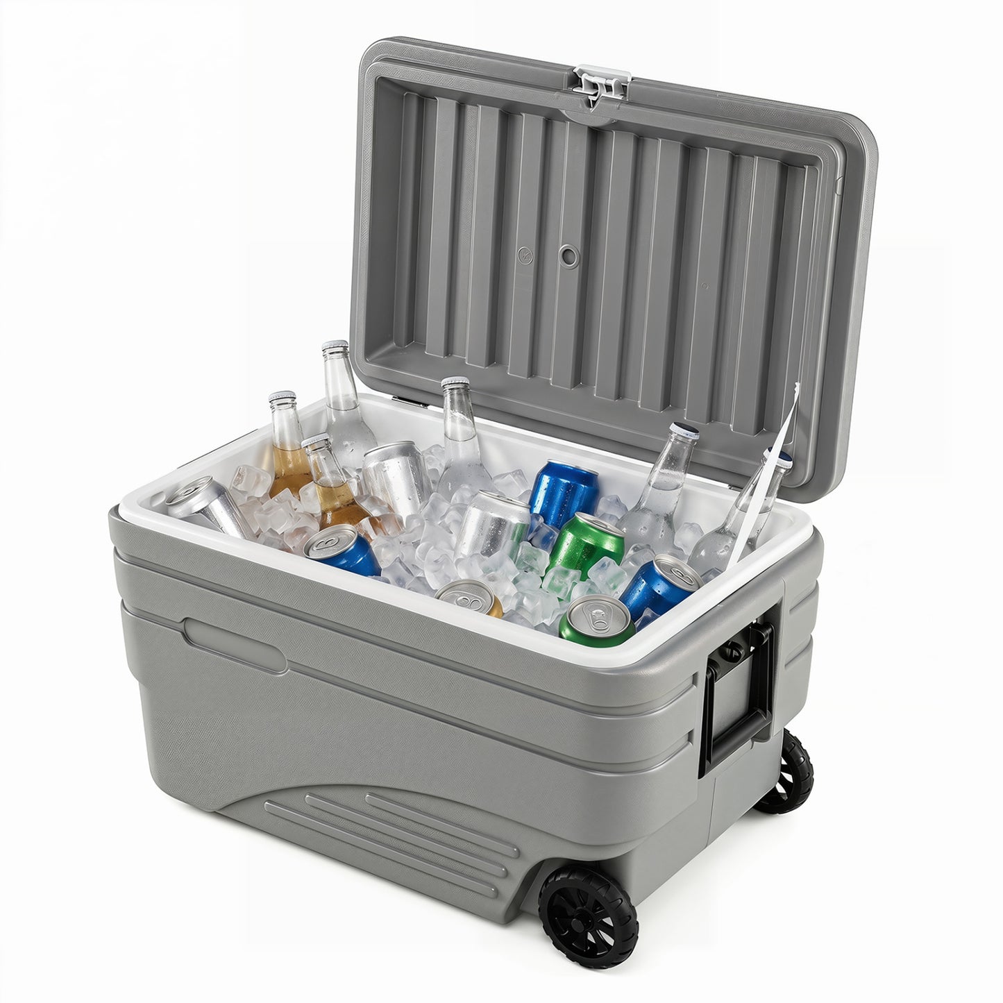 Gray 103-quart outdoor wheeled cooler with foldable pull handles, perfect for camping and outdoor activities