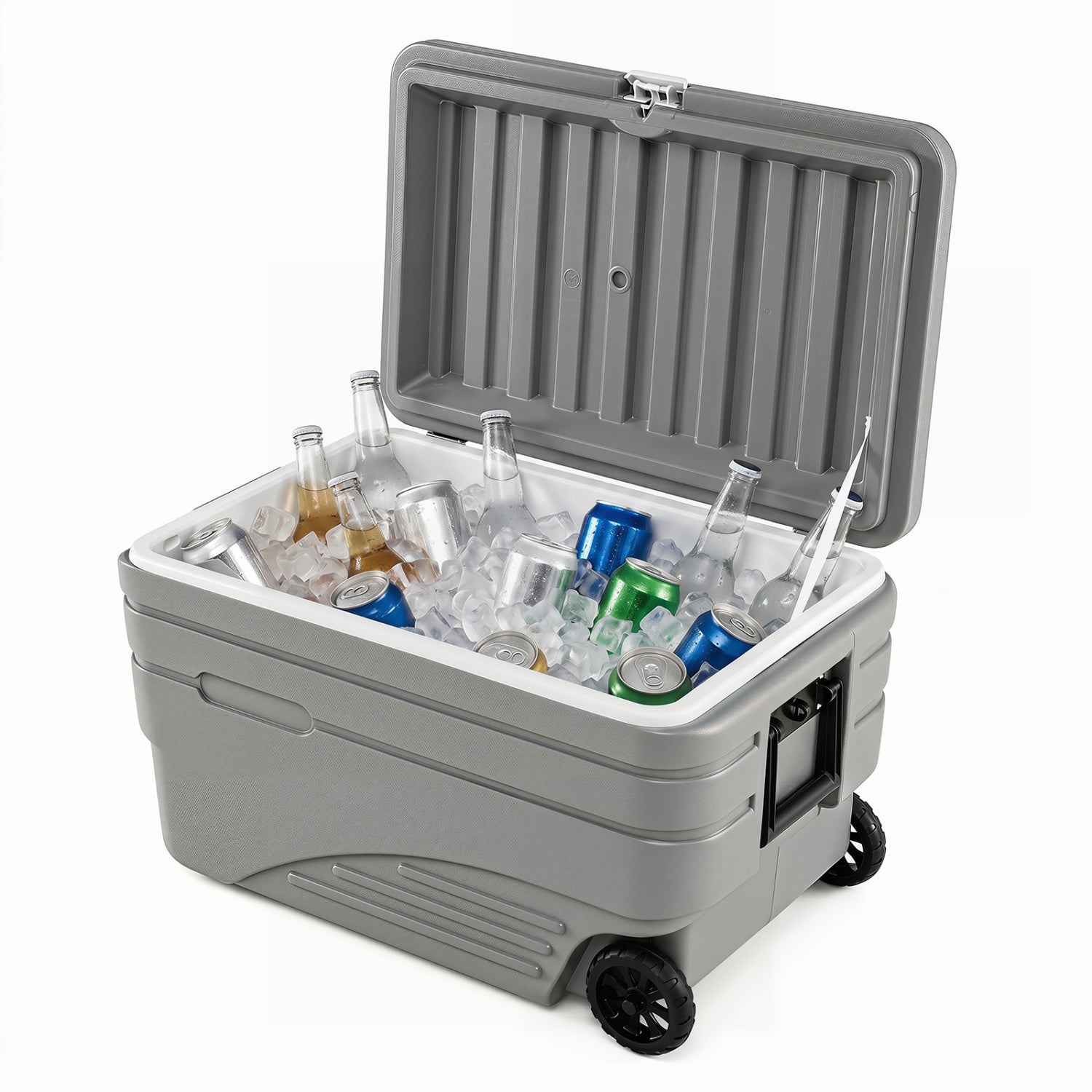 Gray 103-quart outdoor wheeled cooler with foldable pull handles, perfect for camping and outdoor activities
