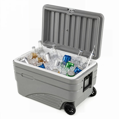 Gray 103-quart outdoor wheeled cooler with foldable pull handles, perfect for camping and outdoor activities
