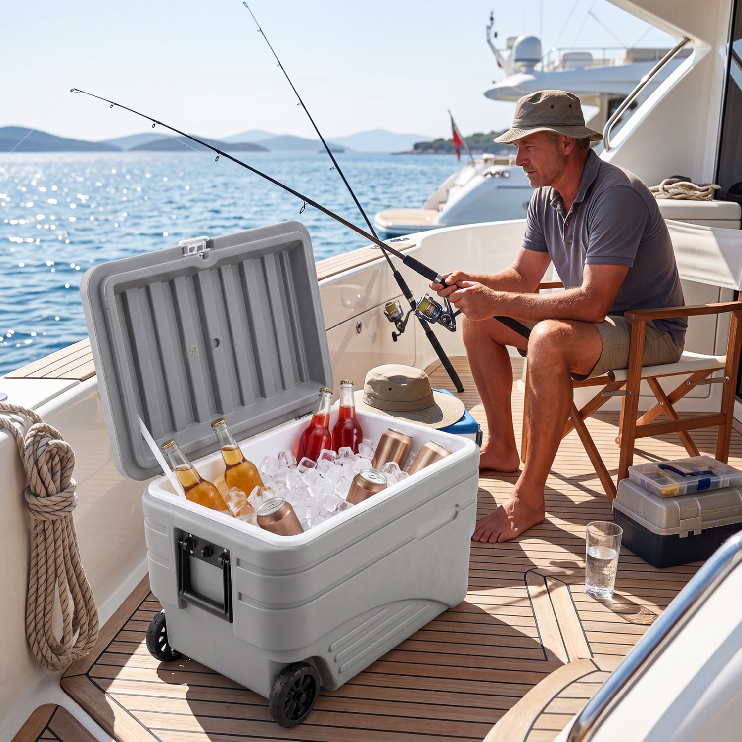 Gray 103-quart outdoor portable wheeled ice cooler with foldable pull handles, ideal for camping and outdoor activities.