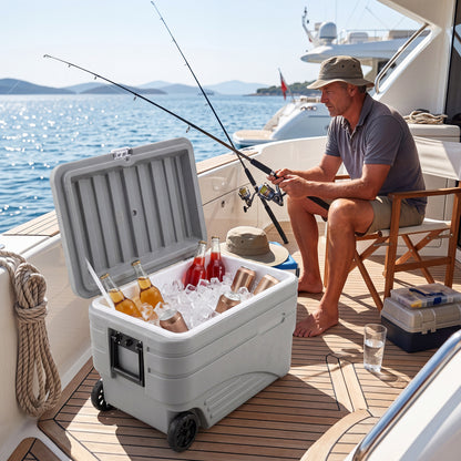 Gray 103-quart outdoor portable wheeled ice cooler with foldable pull handles, ideal for camping and outdoor activities.