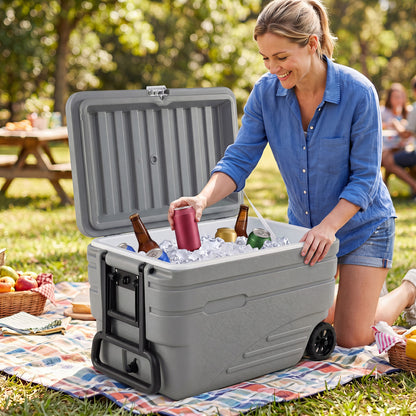 Gray 103-quart outdoor portable wheeled ice cooler with foldable pull handles, ideal for camping and outdoor activities