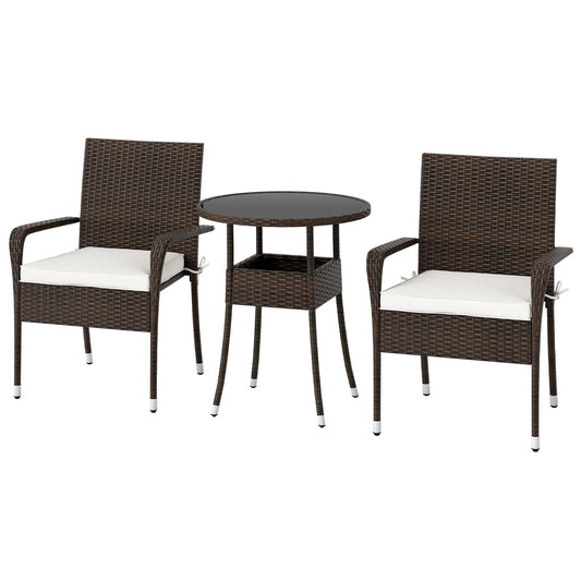 3-Piece Patio Furniture Set PE Rattan Wicker Chairs with Tempered Glass Top Table-White