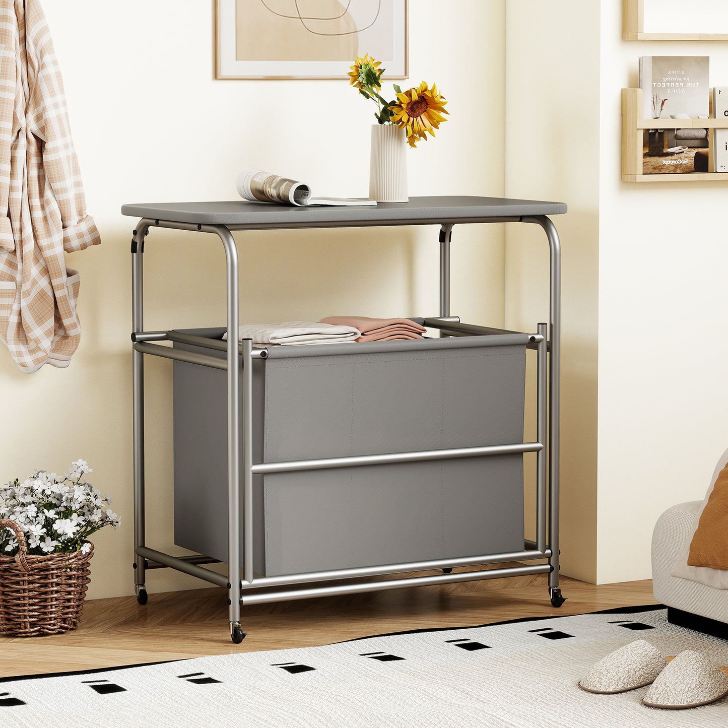 3-Section Laundry Sorter with Foldable Ironing Board and Lockable Wheels-Gray