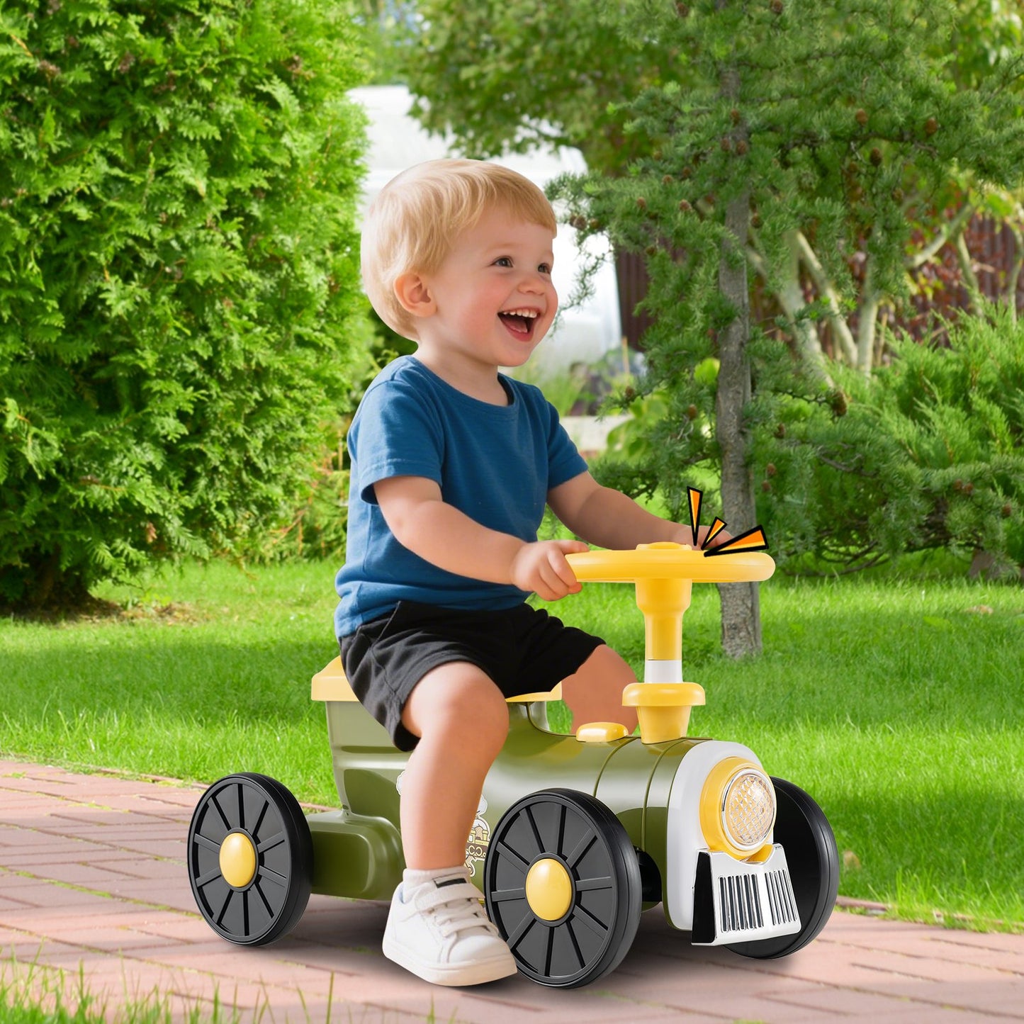 Ride on Toy with Steering Wheel and Train Whistle Sound Button-Beige