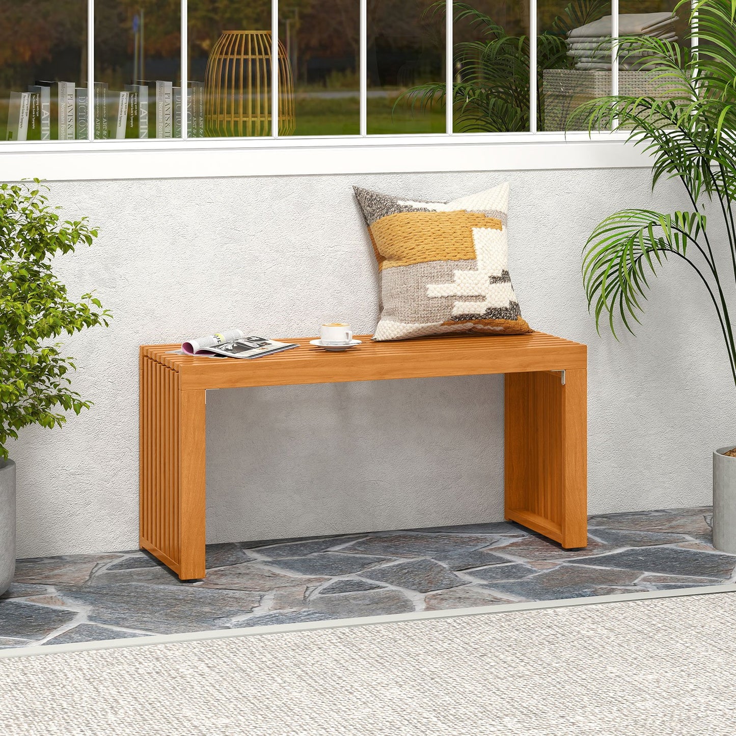 36 Inch Patio Bench All-Slat Acacia Wood Loveseat